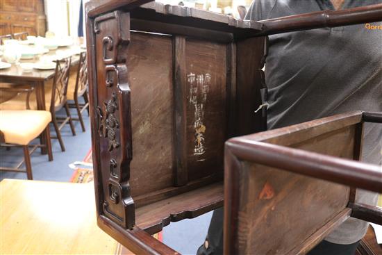 An early 20th century Chinese hardwood three tier occasional table, W.1ft 4in. D.1ft 4in. H.2ft 6in.